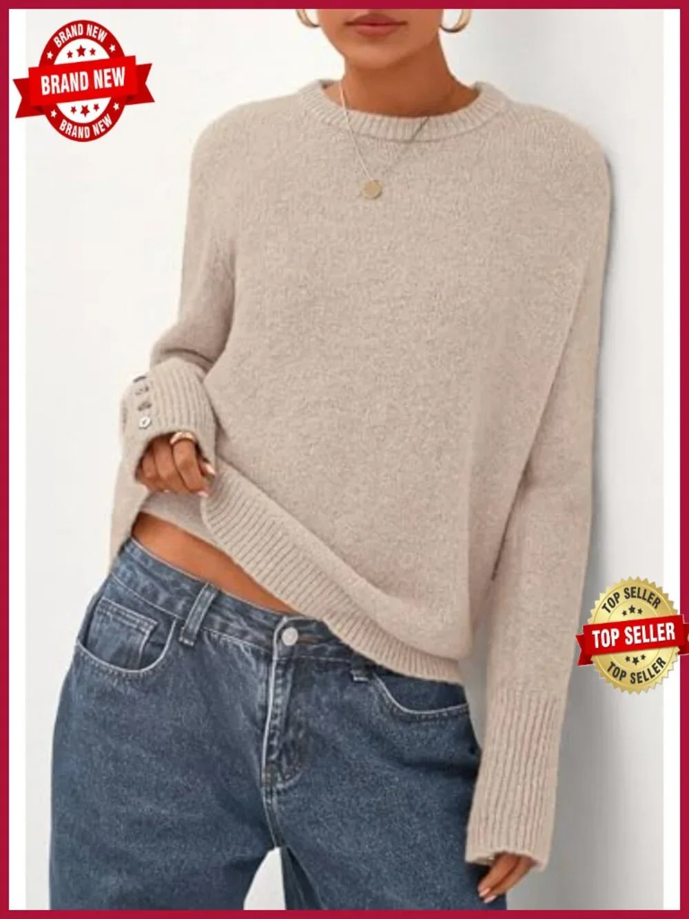 Women's Knit Pullover Sweater, Long Sleeve Crewneck with Button Cuffs, Relaxed
